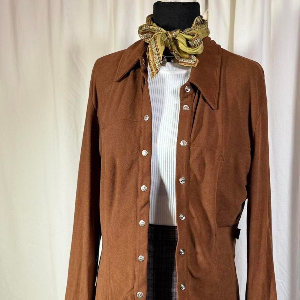 Vintage Anti-Flirt Western Snap Shirt – Brown Suede-Feel‎ Blouse (Women's M)